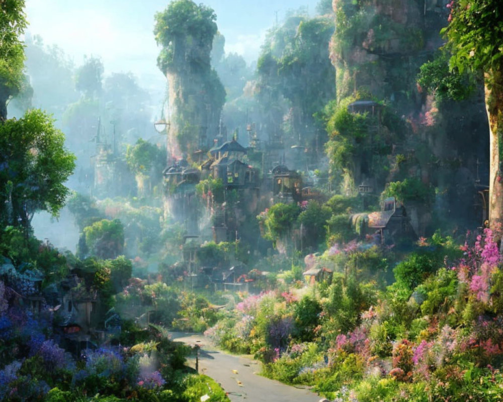 Fantastical landscape with lush greenery, towering cliffs, whimsical treehouses, and blooming