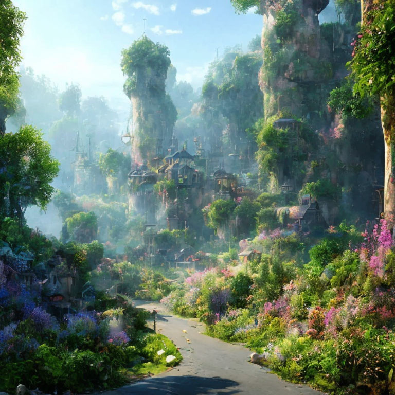 Fantastical landscape with lush greenery, towering cliffs, whimsical treehouses, and blooming