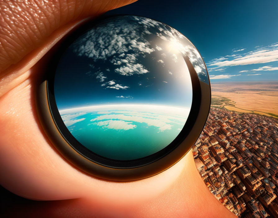 Human eye close-up reflecting vivid landscape with lush coastline and dense urban area.