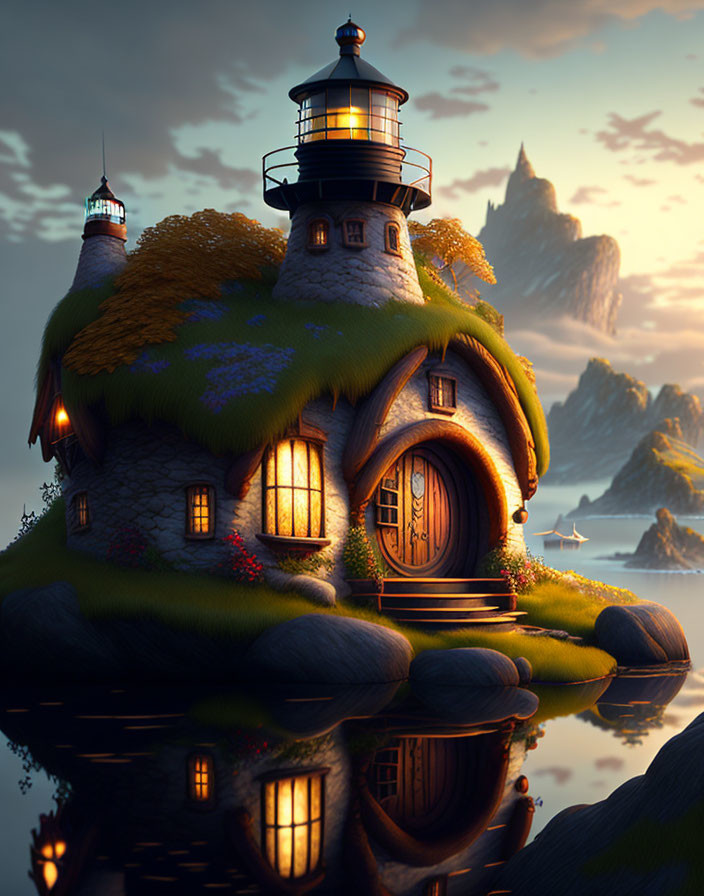 Fantasy cottage with lighthouse on rocks at sunset surrounded by water