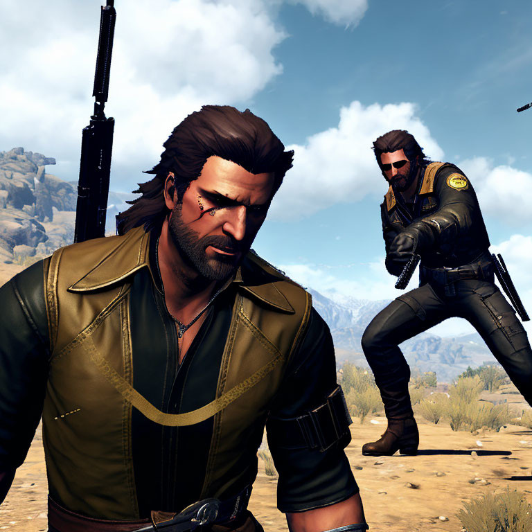 Two male animated characters in desert scene: one with scar, other holding rifle