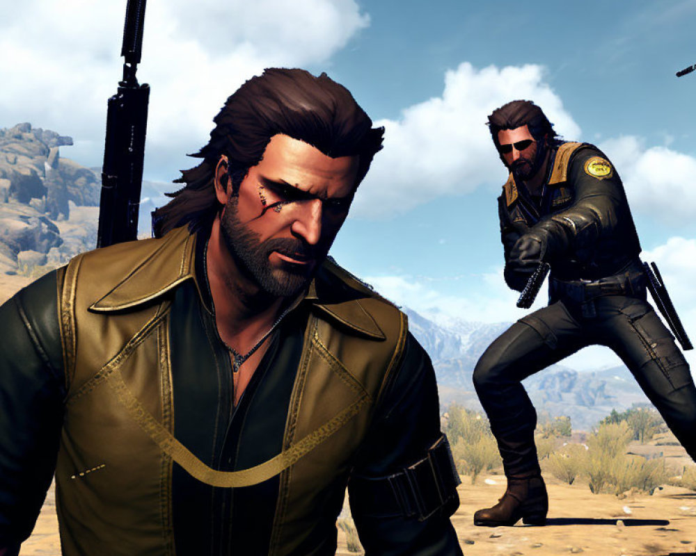 Two male animated characters in desert scene: one with scar, other holding rifle