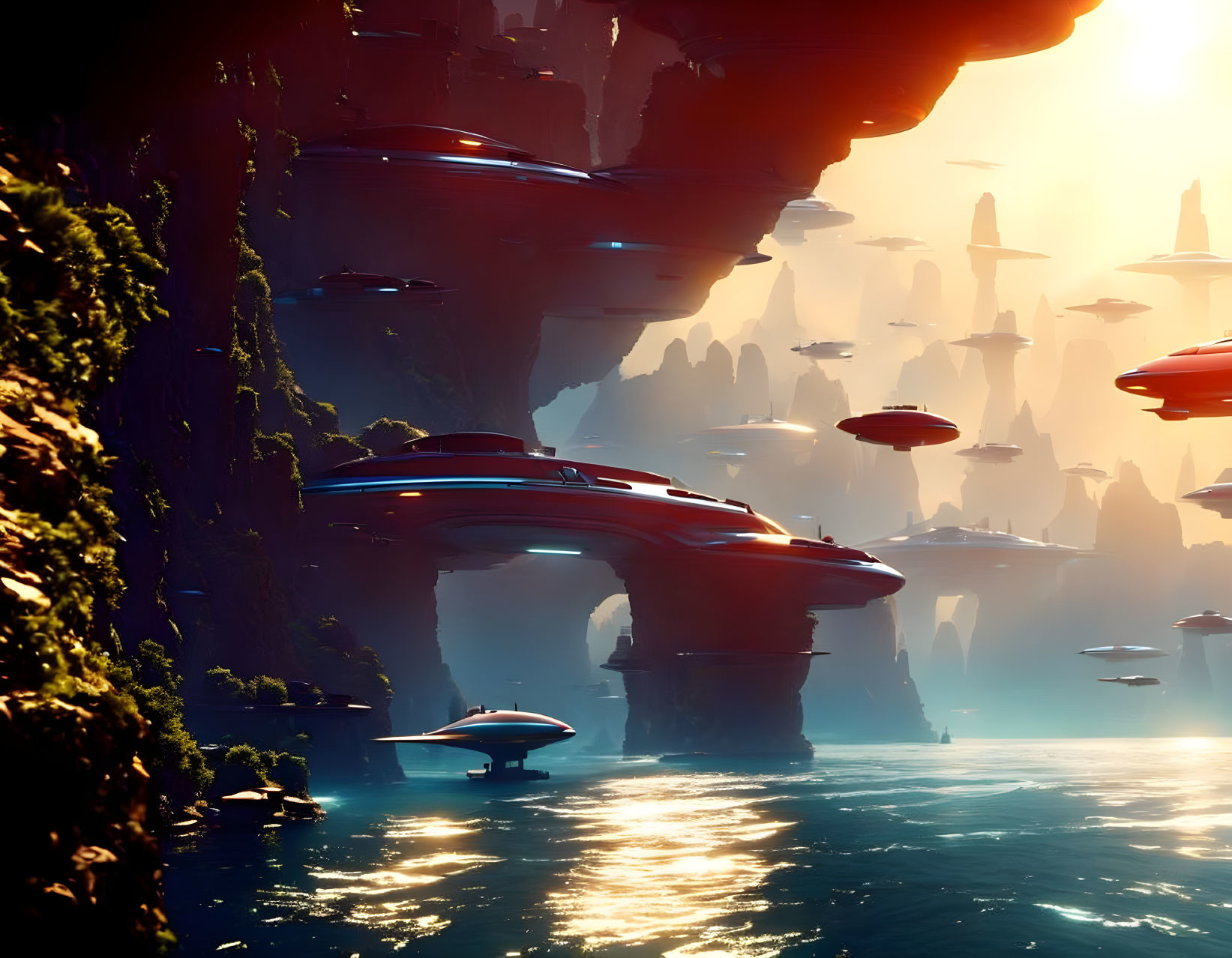 Red spacecrafts soar over alien landscape with water reflections and luminous sunset.