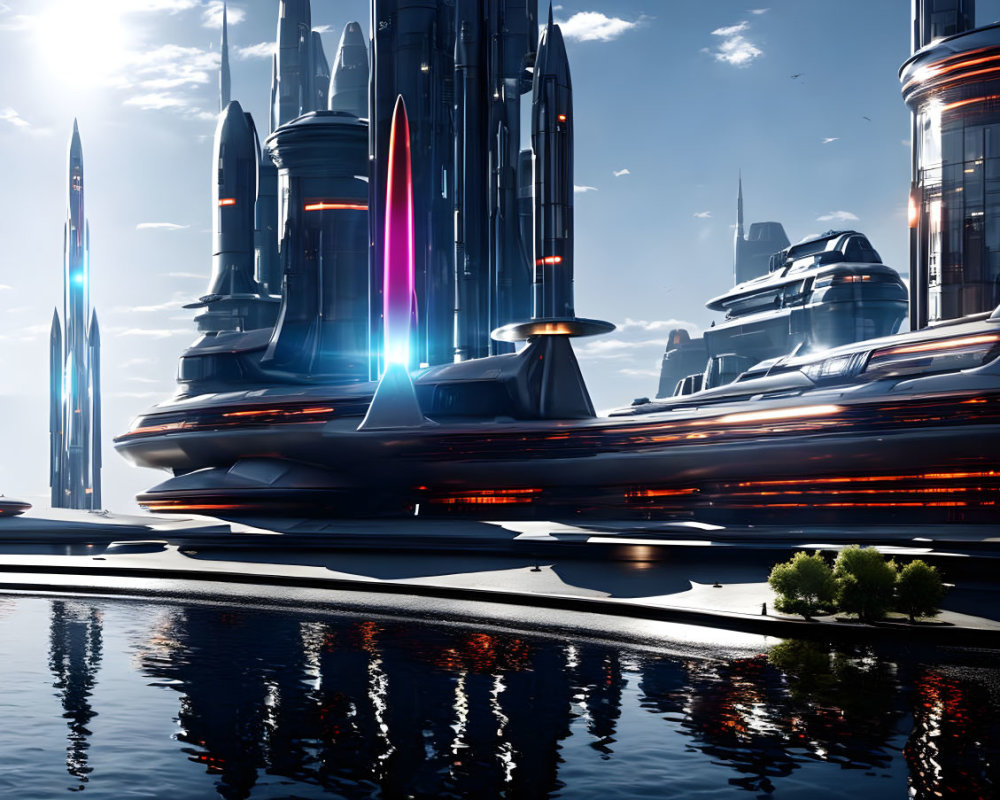 Futuristic cityscape with sleek skyscrapers and flying vehicles