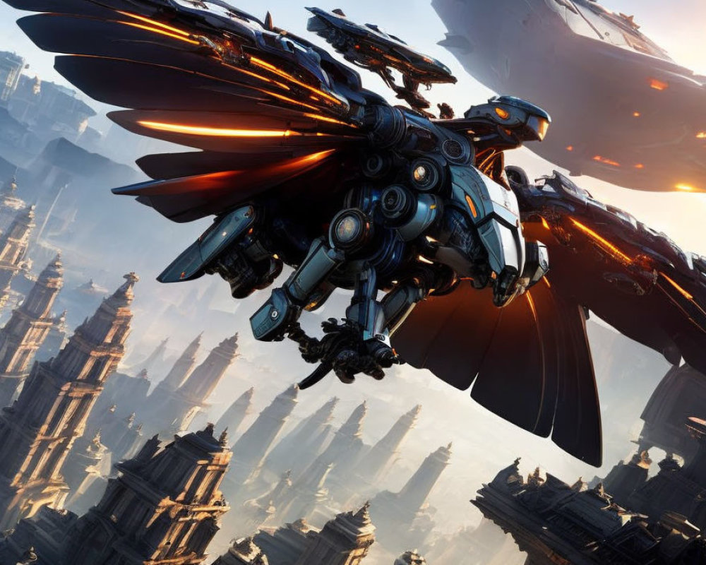 Futuristic mechanical bird-like craft over cityscape with towering spires