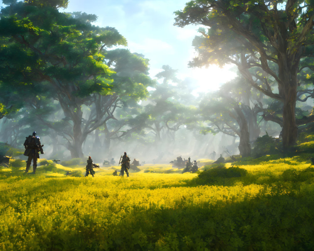 Soldiers in a sunlit forest with yellow flowers