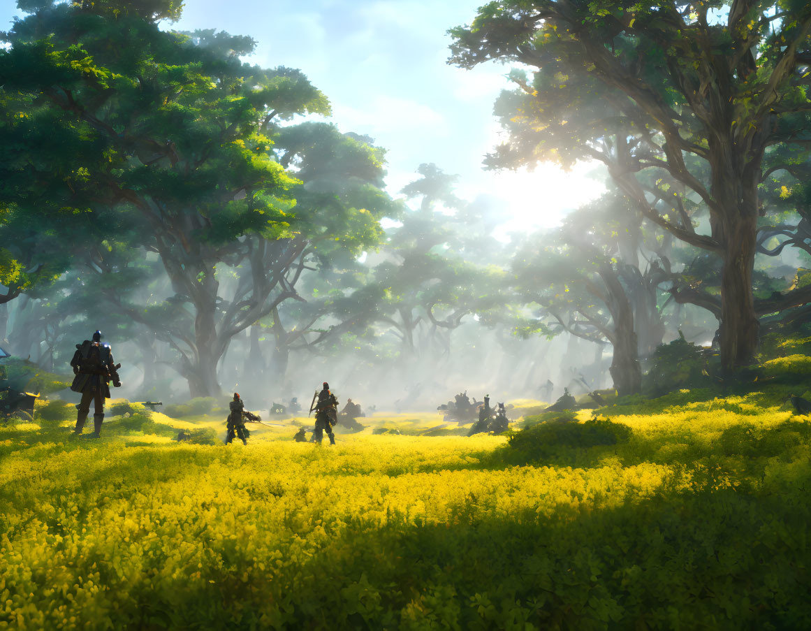 Soldiers in a sunlit forest with yellow flowers