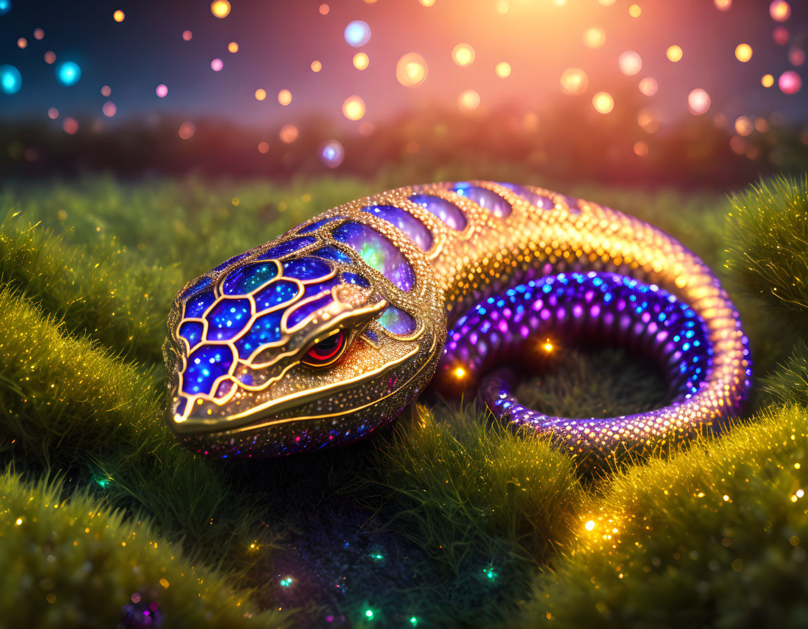 Colorful Digital Illustration: Jeweled Snake with Glowing Patterns on Sparkly Background