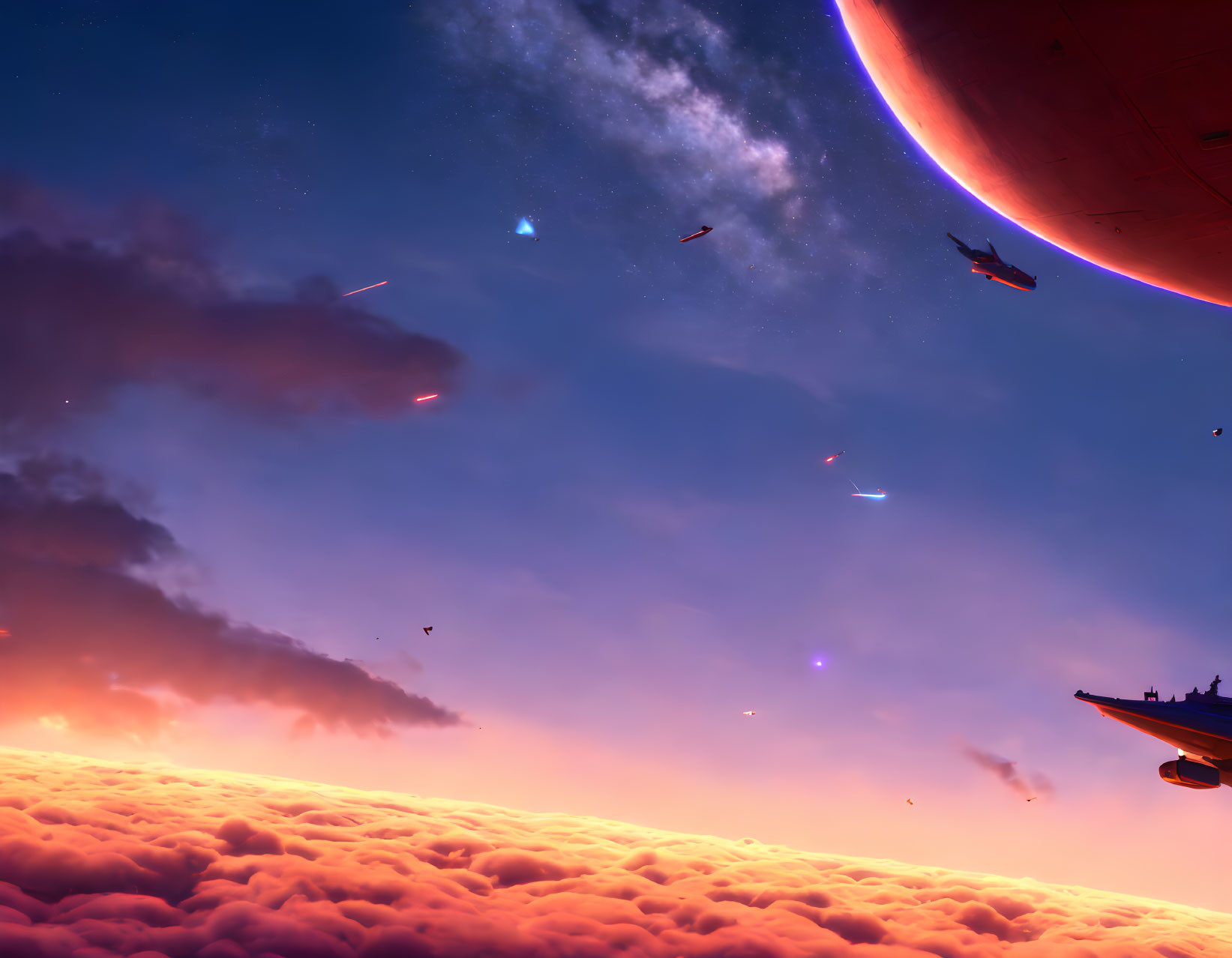 Surreal sky with red planet, spaceships, and cosmic backdrop