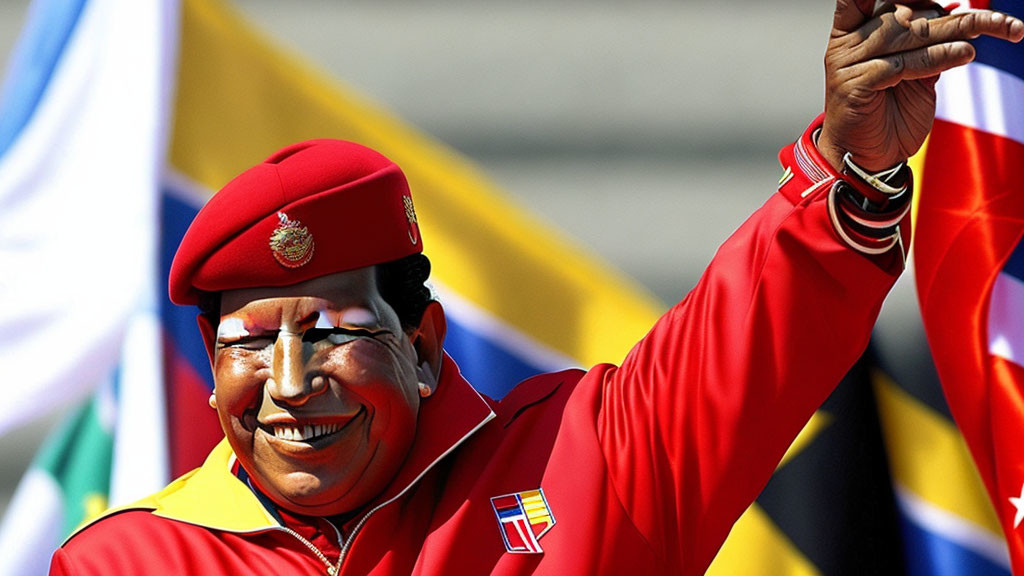 Person in Red Military Uniform Saluting Among National Flags