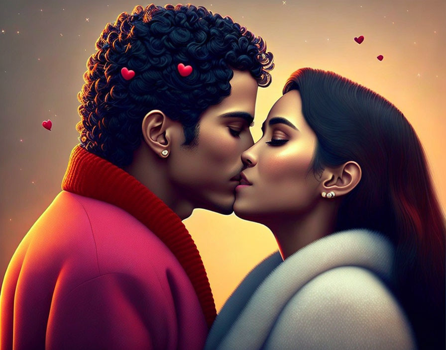 Animated characters share tender kiss with floating hearts on warm backdrop