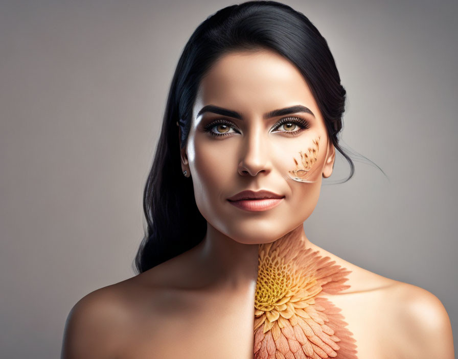 Woman with cracked porcelain makeup and sunflower design on neck against neutral background