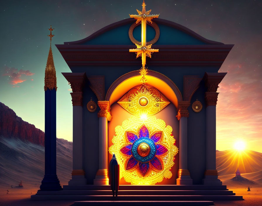 Majestic temple with ornate key symbol at sunset in mountainous landscape