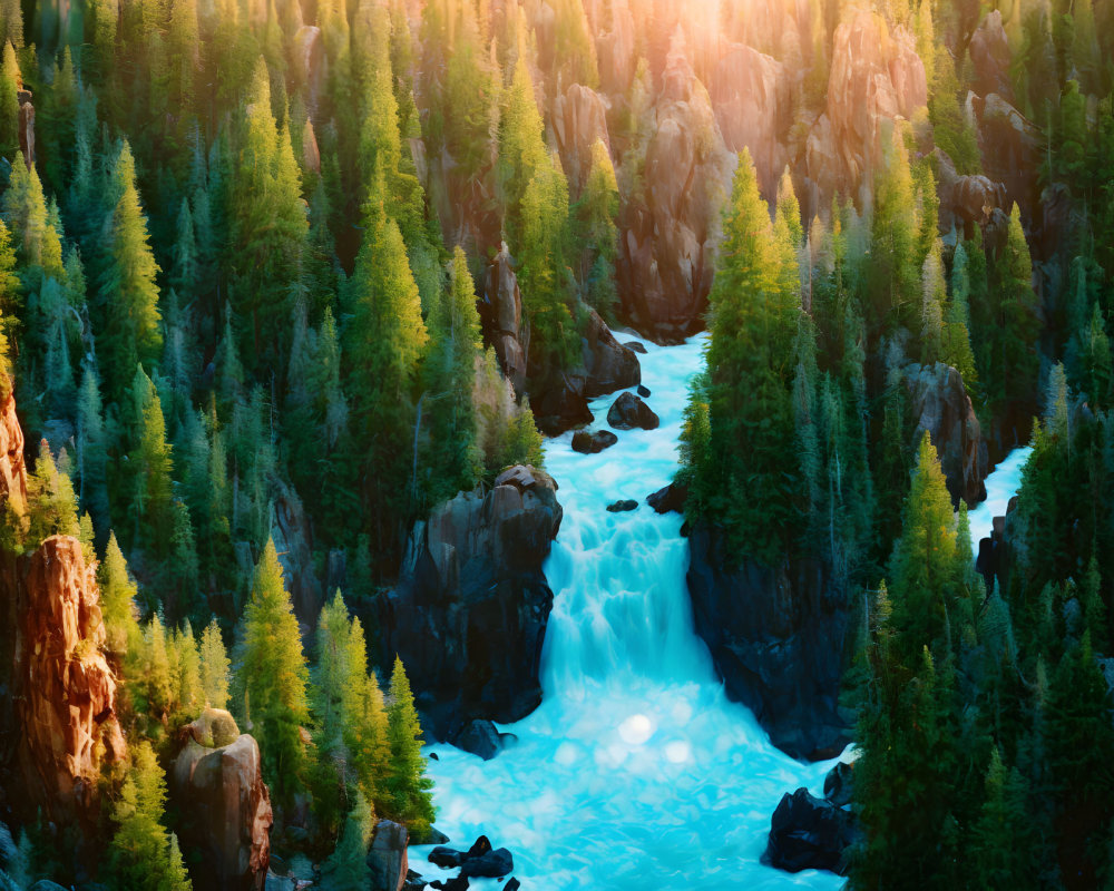 Tranquil Evergreen Forest with Cascading River