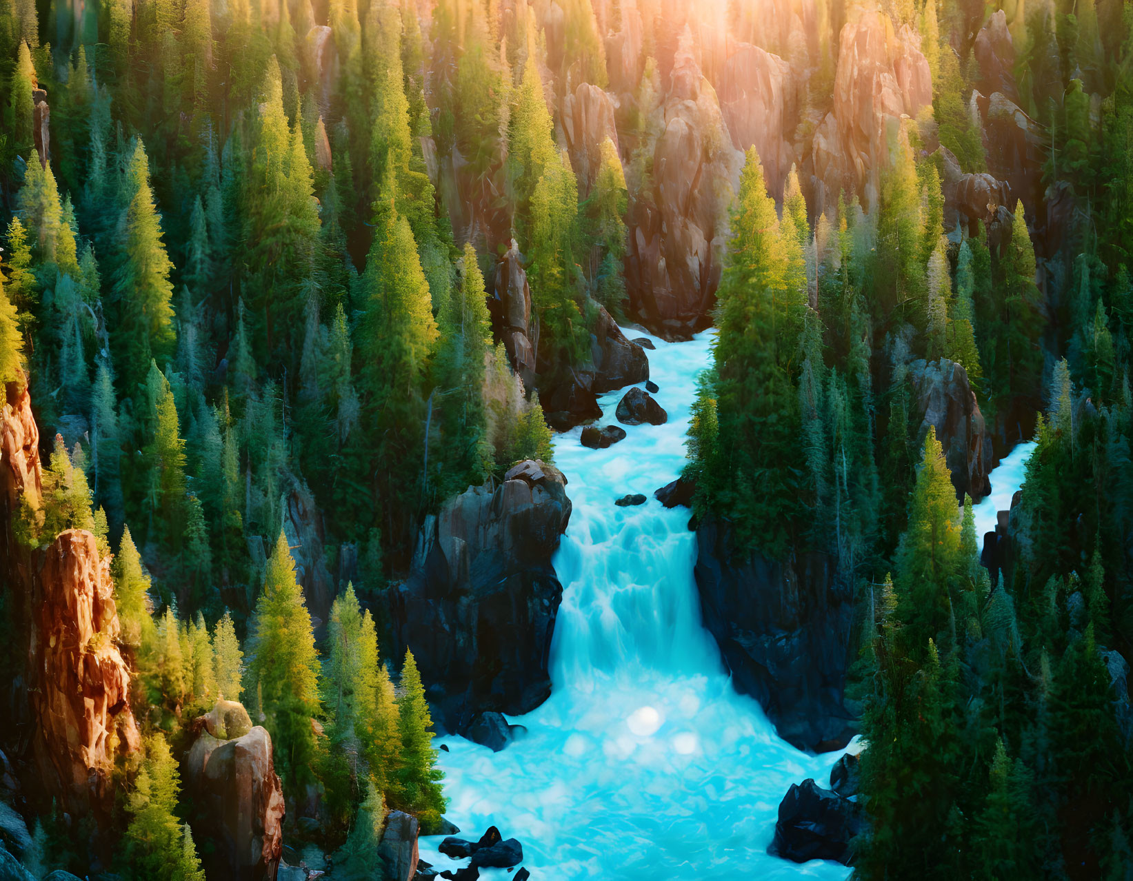 Tranquil Evergreen Forest with Cascading River