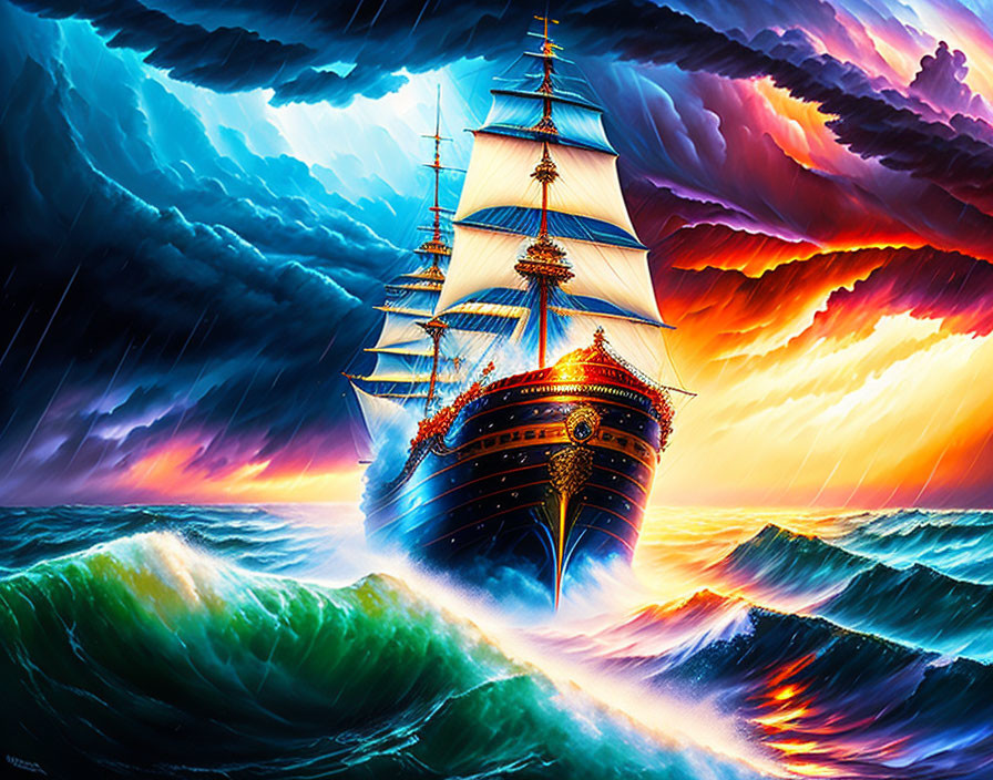 Colorful digital artwork of a sailing ship in stormy seas