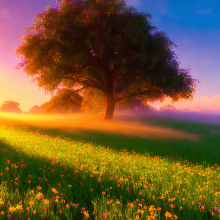 Tranquil landscape with lone tree in vibrant flower field