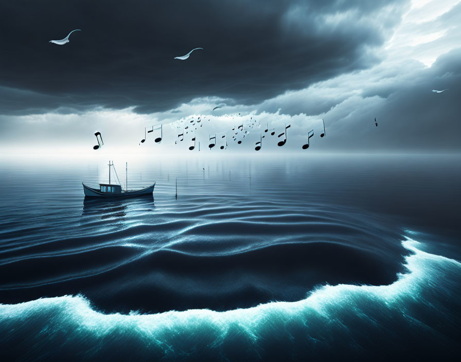 Boat on serene sea with musical notes, stormy sky, seagulls, glowing water.