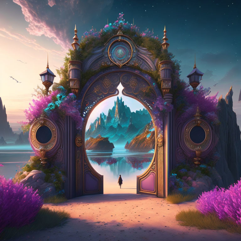 Mystical gate leading to vibrant fantasy landscape with lone figure