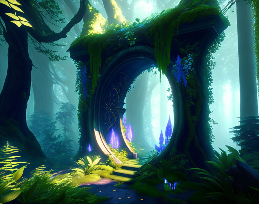 Mystical archway in enchanted forest with glowing crystals