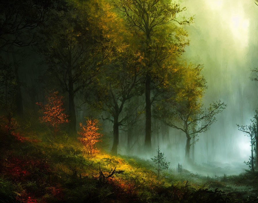 Enchanting autumn forest with light beams and foggy ambiance