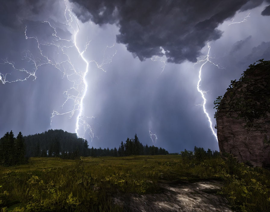 Dramatic thunderstorm with lightning bolts over grassy landscape