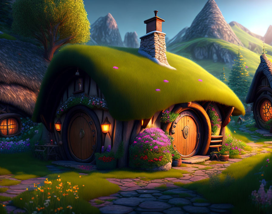 Whimsical animated cottage in lush landscape