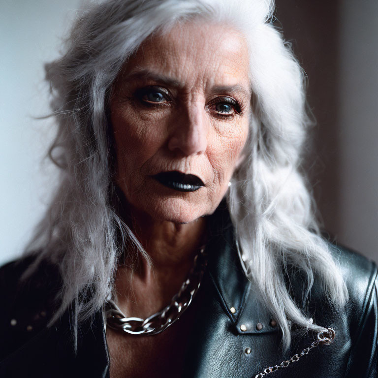 Elderly woman with white hair, black lipstick, chain necklace, leather jacket