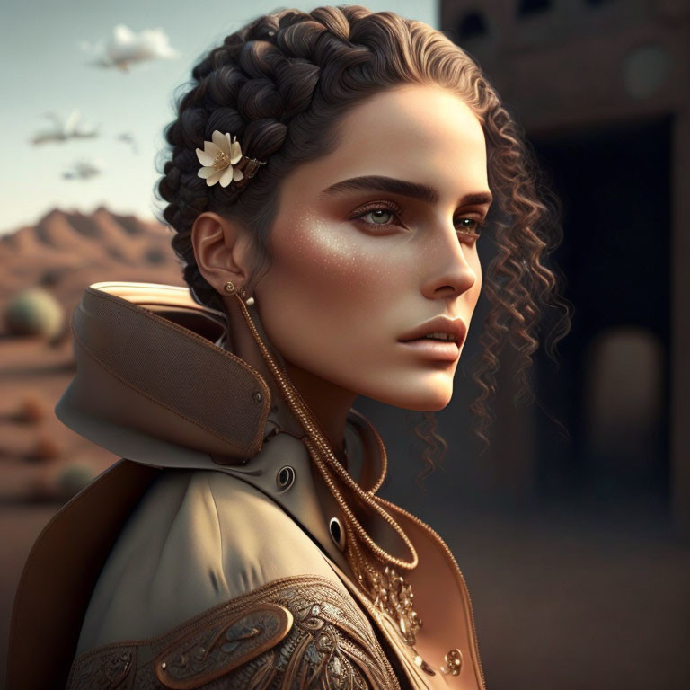 Woman with Braided Hair and Flower in High-Collared Coat Desert Portrait