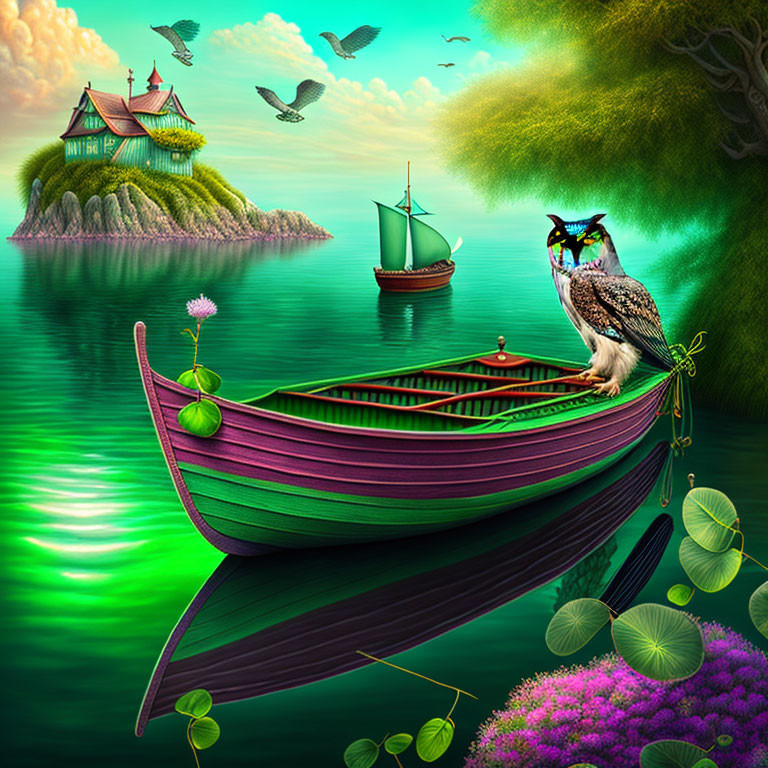 Colorful digital artwork: Wooden boat, owl, lilies, island house, birds, greenery