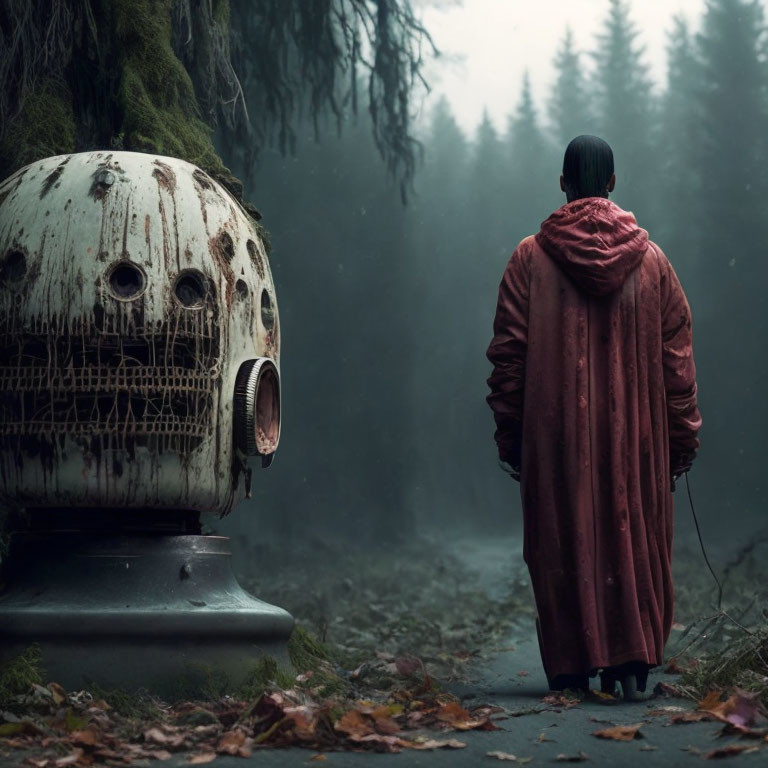 Person in Red Coat Stands by Abandoned Spherical Object in Forest