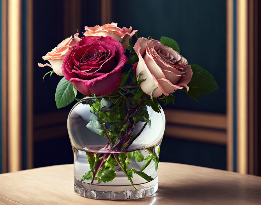 Three pink to cream roses in glass vase on dark background with vertical lines