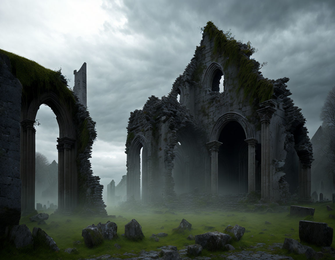 Gothic church ruins with arches and overgrown plants under cloudy sky