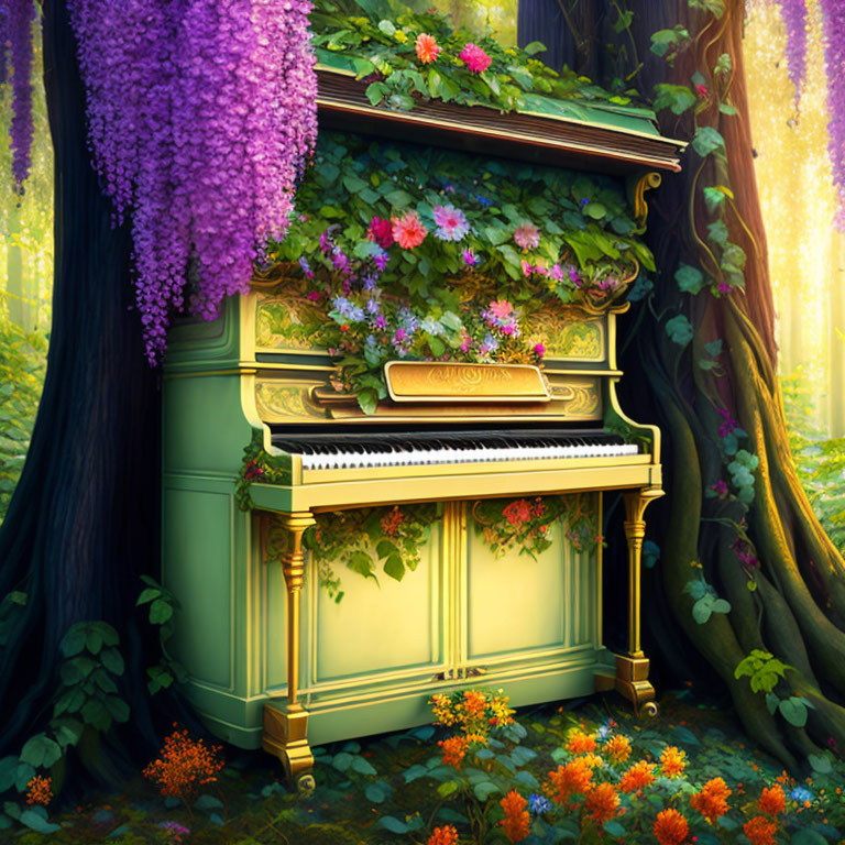 Green piano with floral decorations in mystical forest setting