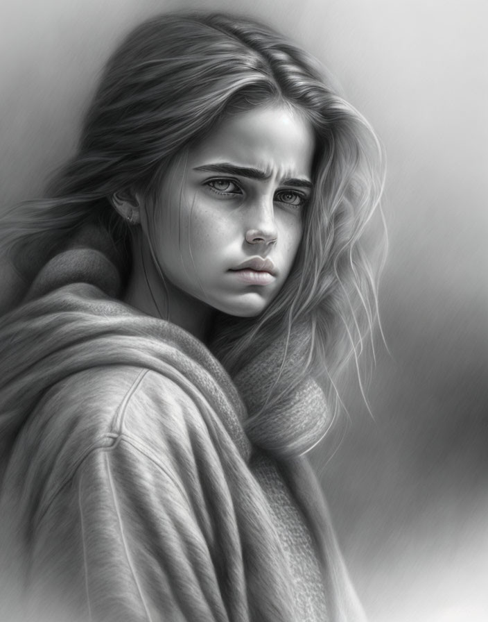 Monochrome digital art of young woman with windswept hair and scarf