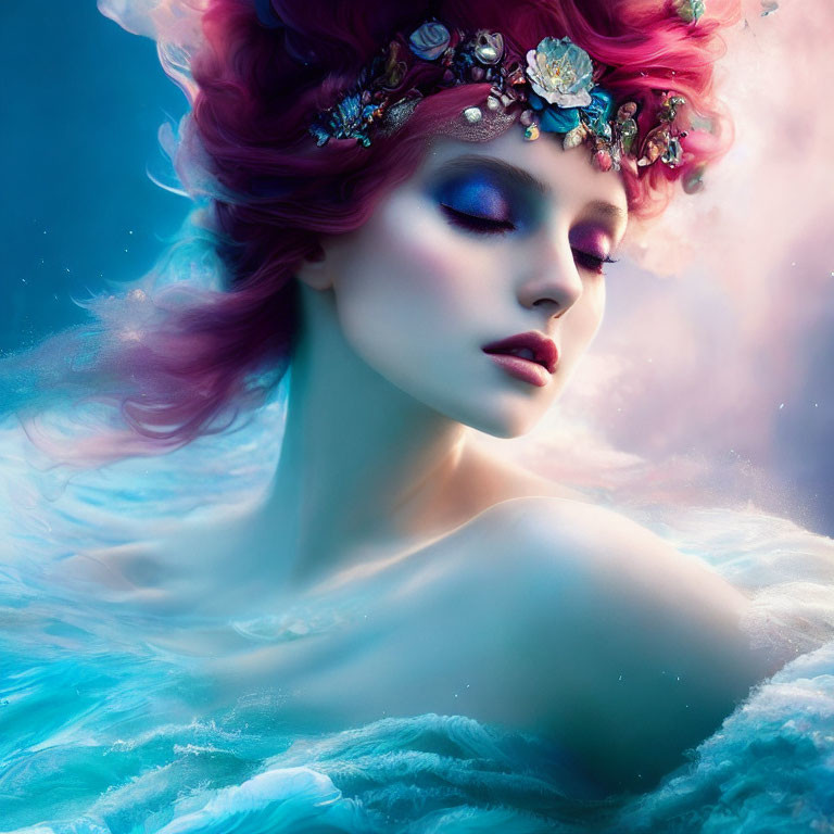 Vibrant pink hair woman with flowers and jewels on dreamy blue background