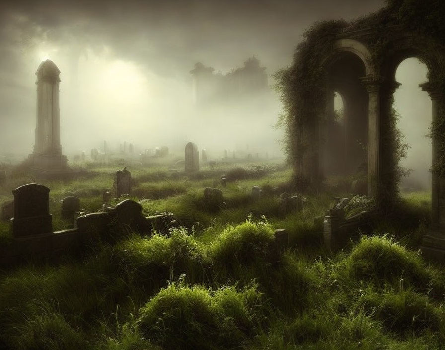 Misty cemetery with ancient gravestones and overgrown grass