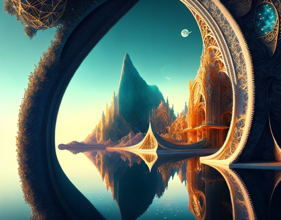 Fantasy Landscape with Golden Structures, Reflective Lake, Pine Trees & Celestial Bodies