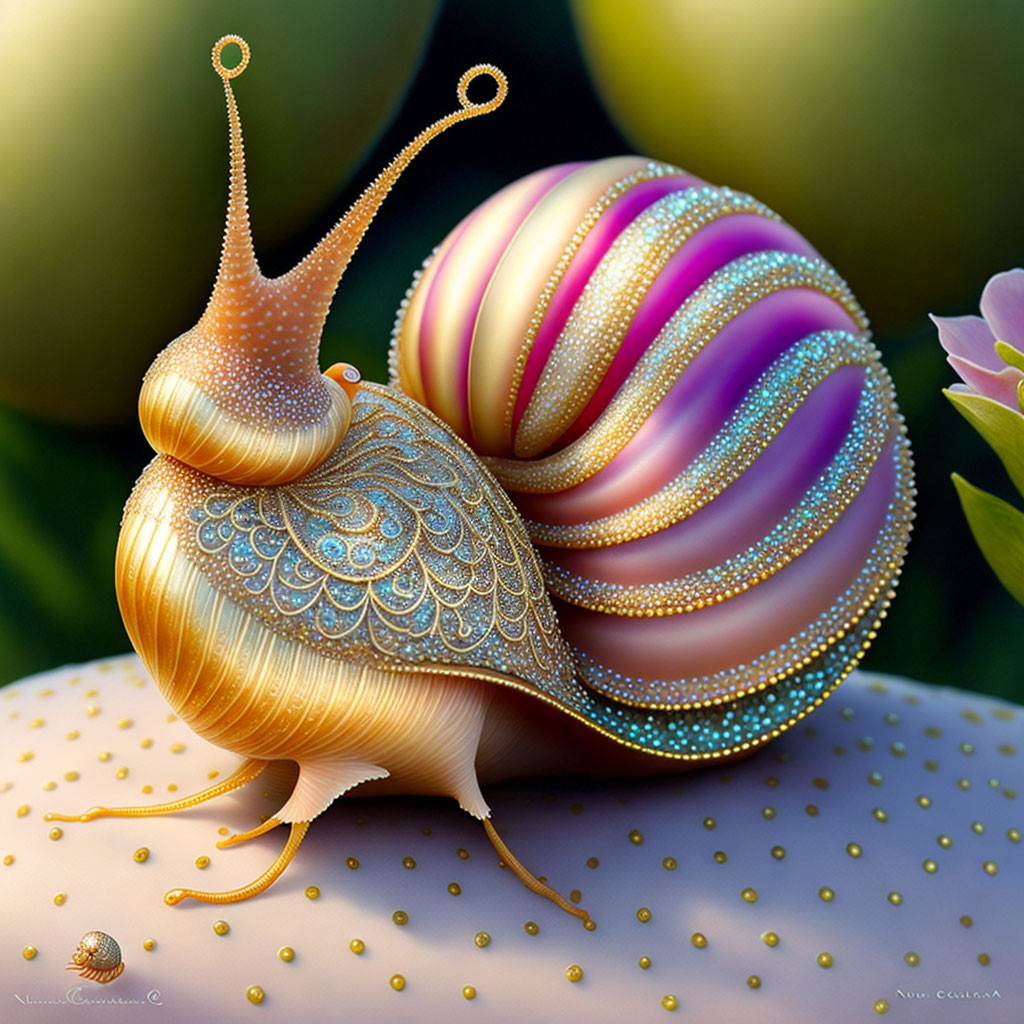 Colorful digital artwork: Snail with iridescent shell on textured surface