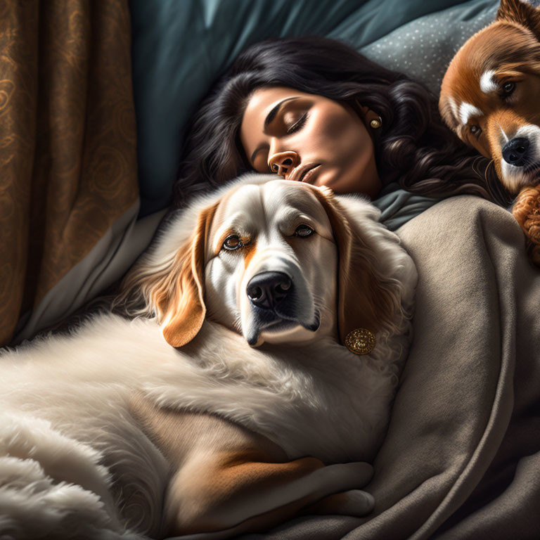 Woman peacefully sleeping with two dogs on bed