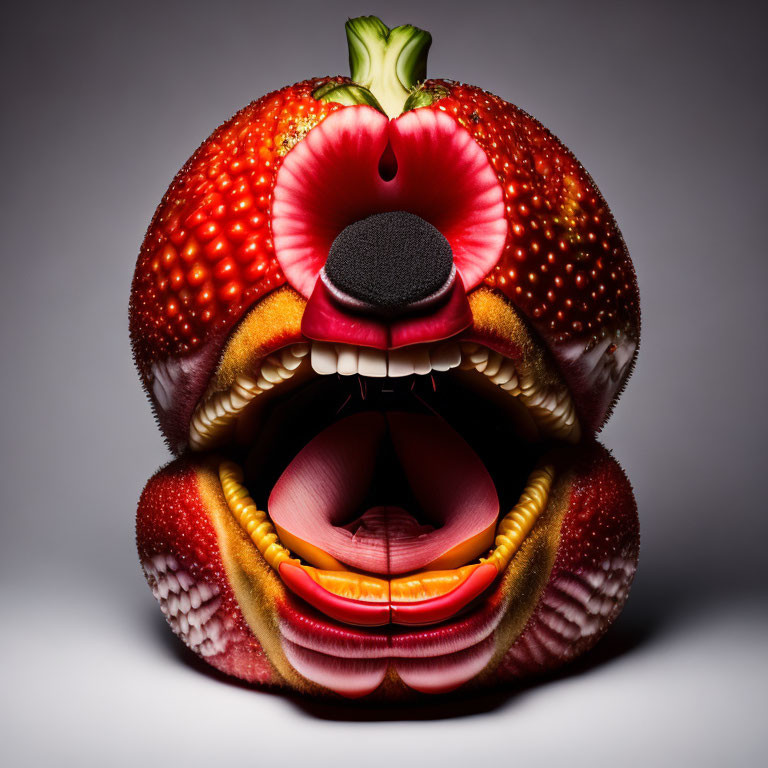 Composite Image: Strawberry with Human-Like Features on Grey Background