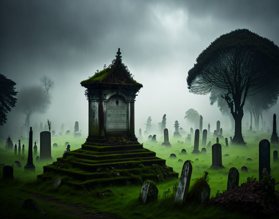 Ornate tomb in misty graveyard with eerie green light