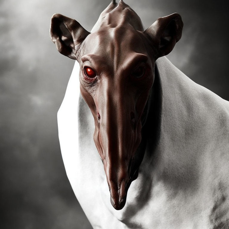 Digitally altered image: Animal with white coat, humanoid face, red eyes, elongated snout