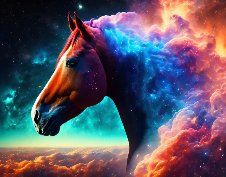 Colorful digital artwork: Horse head merges with cosmic nebula