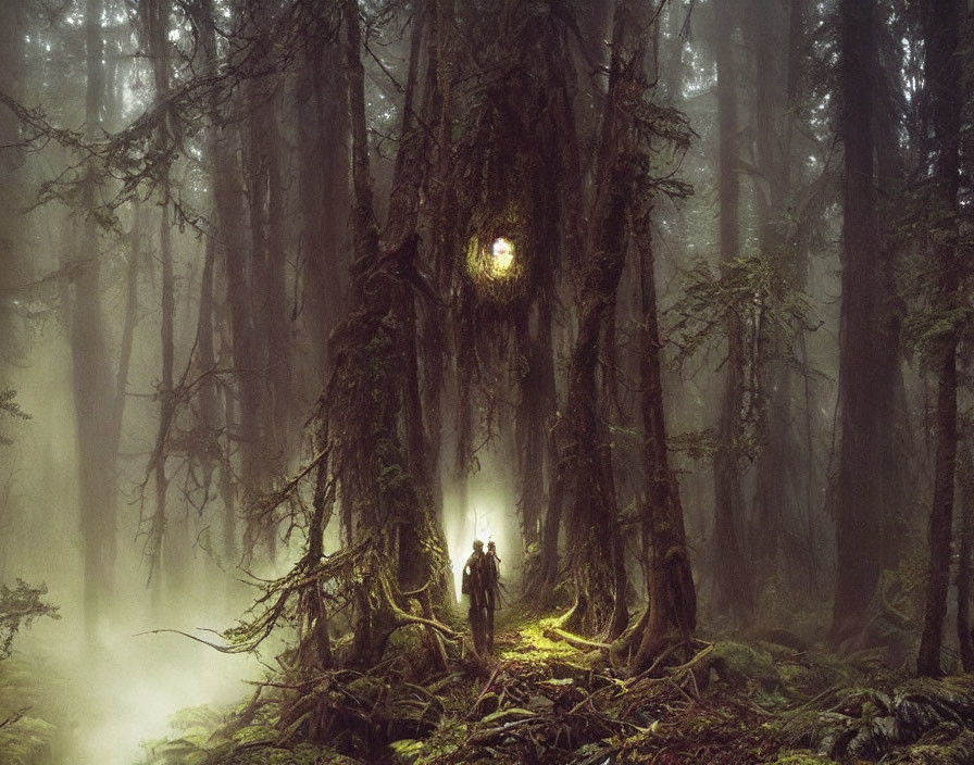 Enchanting forest with mist, tall trees, and glowing orb figure