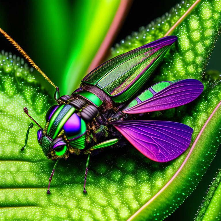 Metallic Green and Purple Fly on Dewy Leaf