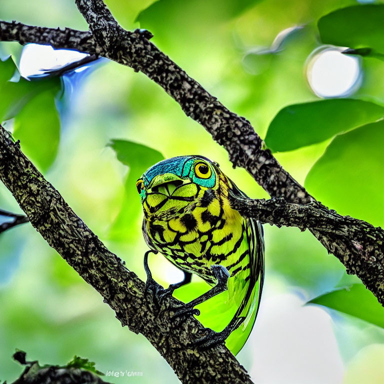 Colorful Bird with Intricate Patterns on Tree Branch among Lush Leaves