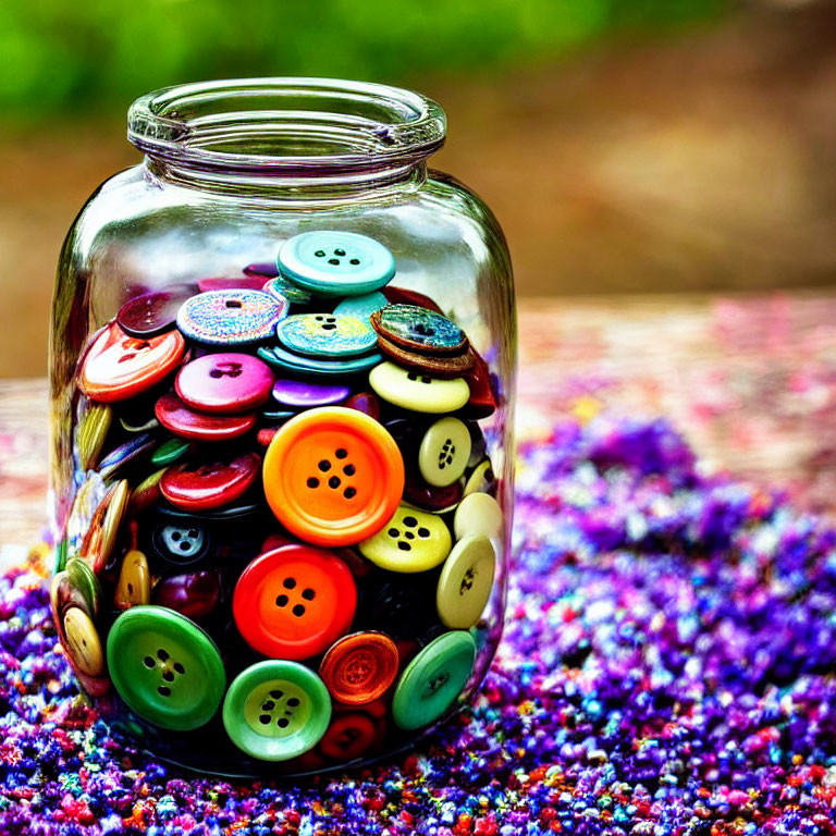 Colorful Assorted Buttons in Glass Jar on Beaded Surface