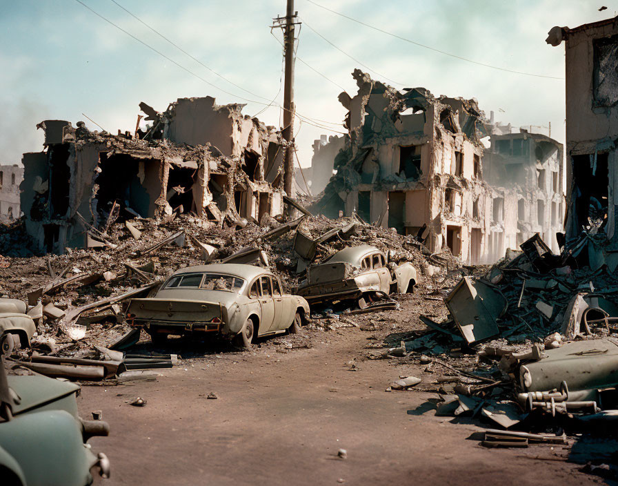 Collapsed buildings and debris in devastated urban landscape with abandoned cars.