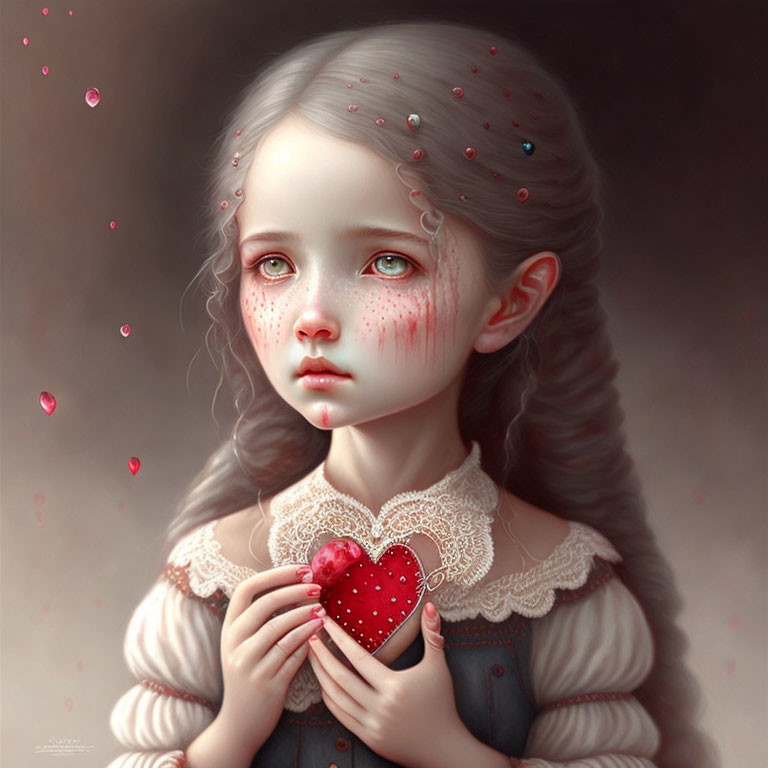 Grey-Haired Girl Holding Heart with Jewels in Vintage Dress